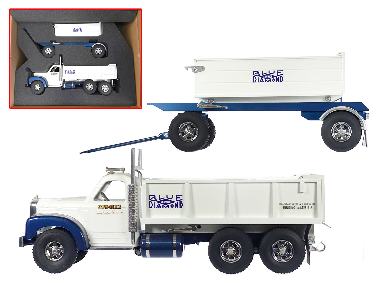 Fred Thompson and Smith Miller Blue Diamond Truck and Trailer Set: Boxed and near new Blue Diamond brand dump truck and trailer set by Smith Miller, associated with Fred Thompson productions. The toy retains exceptional brightwork and classic metallic blue accents. T