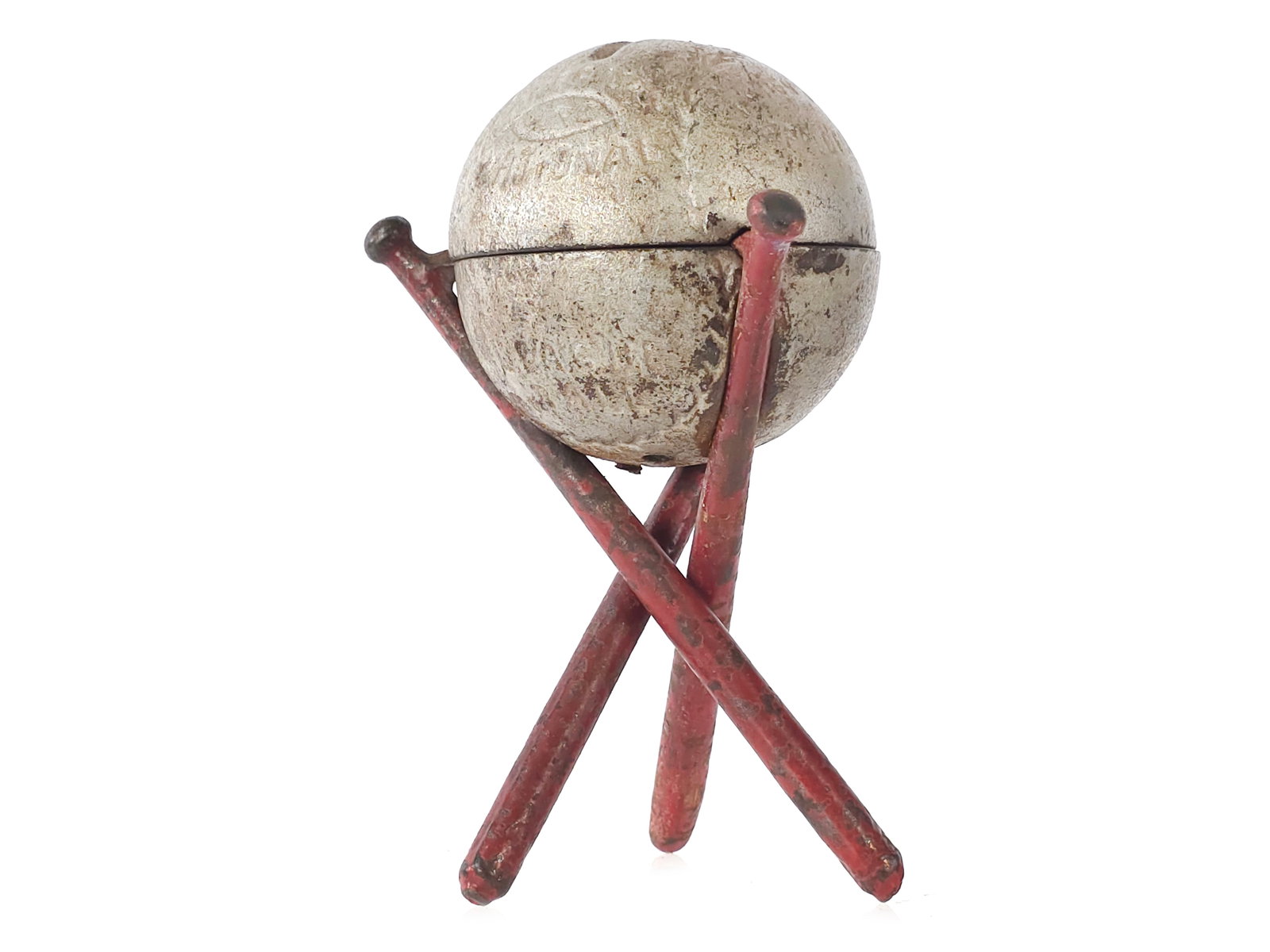 Rare Hubley ca. 1914 Baseball Bank Cast Iron Still Bank: Rare Hubley ca. 1914 Baseball on Three Bats cast iron still bank. This classic figural sports bank features a baseball resting atop three crossed bats and retains strong cast detail throughout. A desi