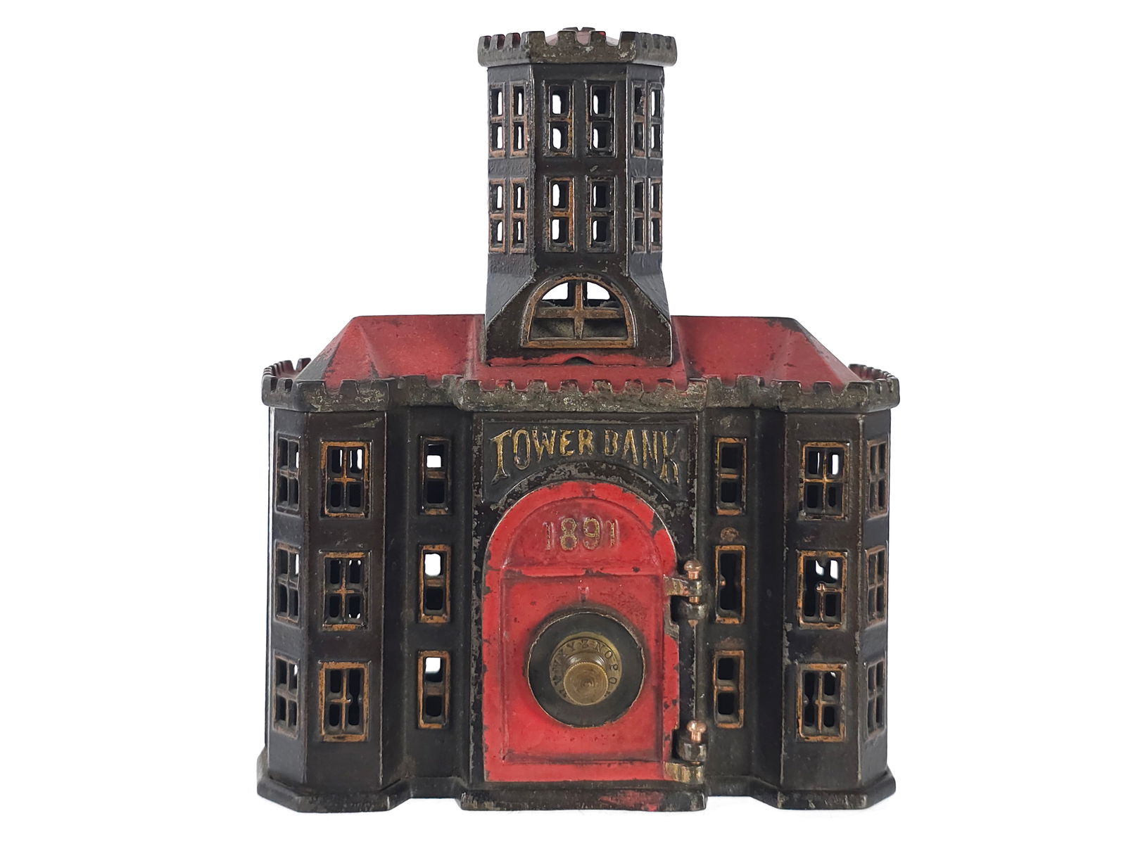Kyser & Rex ca. 1890 Tower Bank No. 475 Still Bank: Kyser & Rex No. 475 ca. 1890 Tower still combination bank. This example retains great color and is in great condition overall. It measures approximately 7" L x 7" H x 2.5" D.