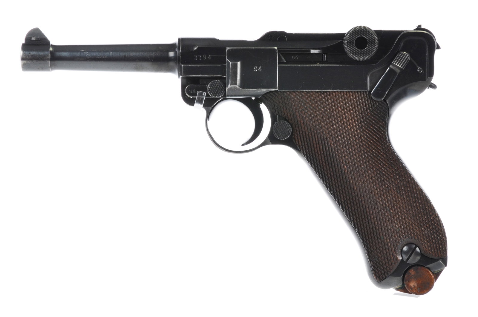 1939 Luger P08 Mauser Production, Eagle Stamps: 1939 Luger P08 Mauser production with eagle stamps and code "42." The action functions properly. The stock lug has been ground off. Matching numbers are present, and the bore is clean and bright.