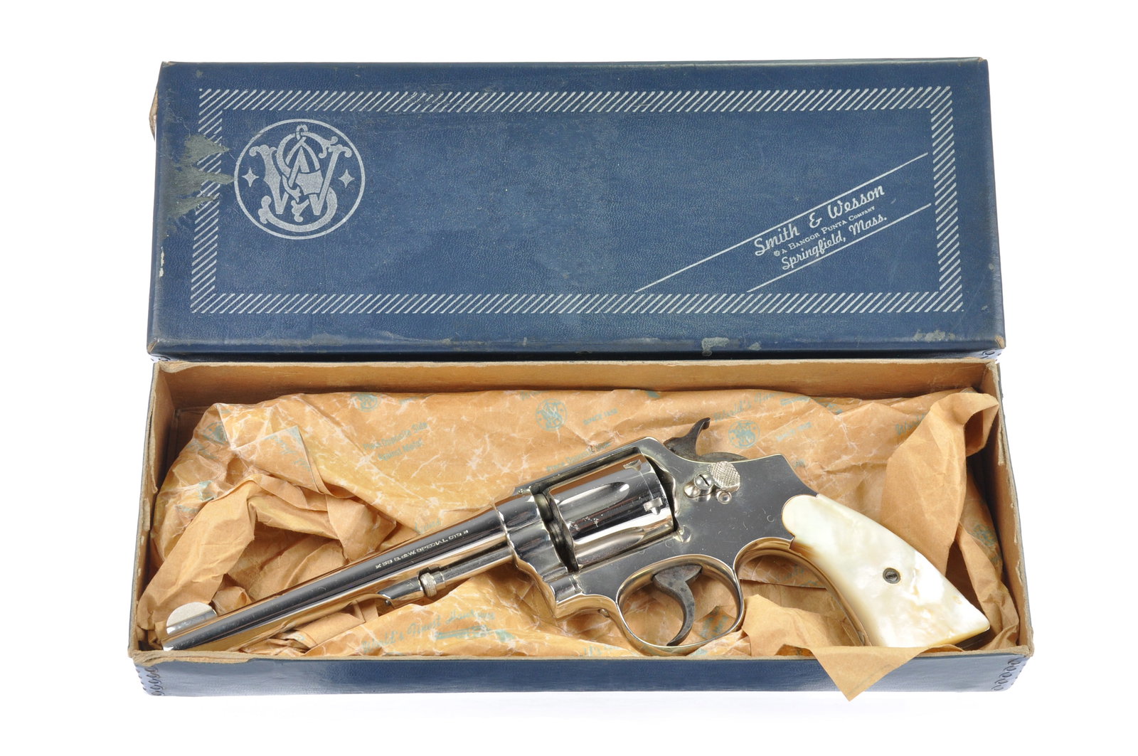 Smith & Wesson M&P 1905 3rd Change w/Box: Smith & Wesson .38 Military & Police Model of 1905, Third Change, chambered in .38 Special. Early boxed example with pearl grips; the right grip panel has a small chip at the lower edge. The action