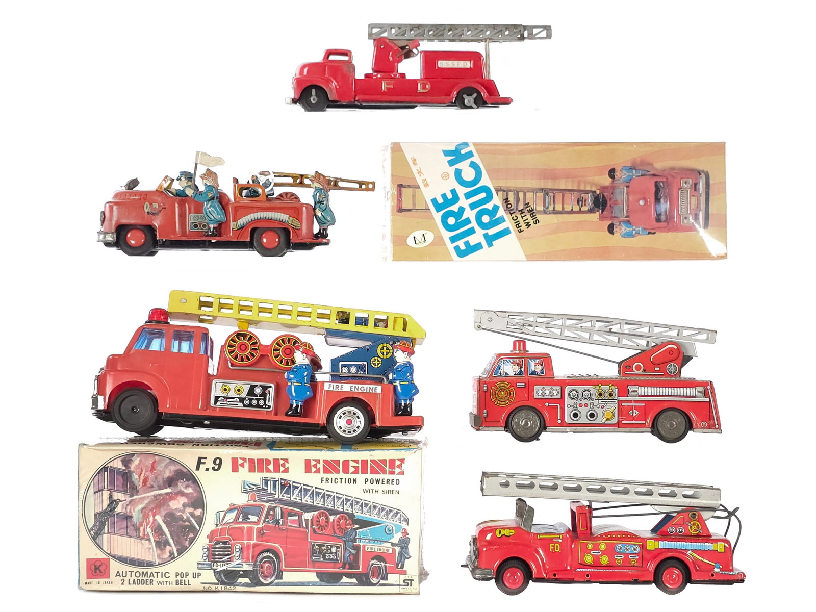 (6) Assorted Japanese Tin Litho Fire Ladder Trucks: Included in this lot are six assorted Japanese tin lithographed fire ladder trucks. Included are a Masudaya Modern Toys fire ladder truck with a friction-powered mechanism that partially works,