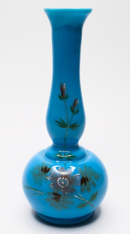 ANTIQUE BRISTOL OPALINE BLUE ENAMELED VASE: ANTIQUE BRISTOL OPALINE BLUE ENAMELED VASE. MEASURES 7 1/2" HEIGHT.