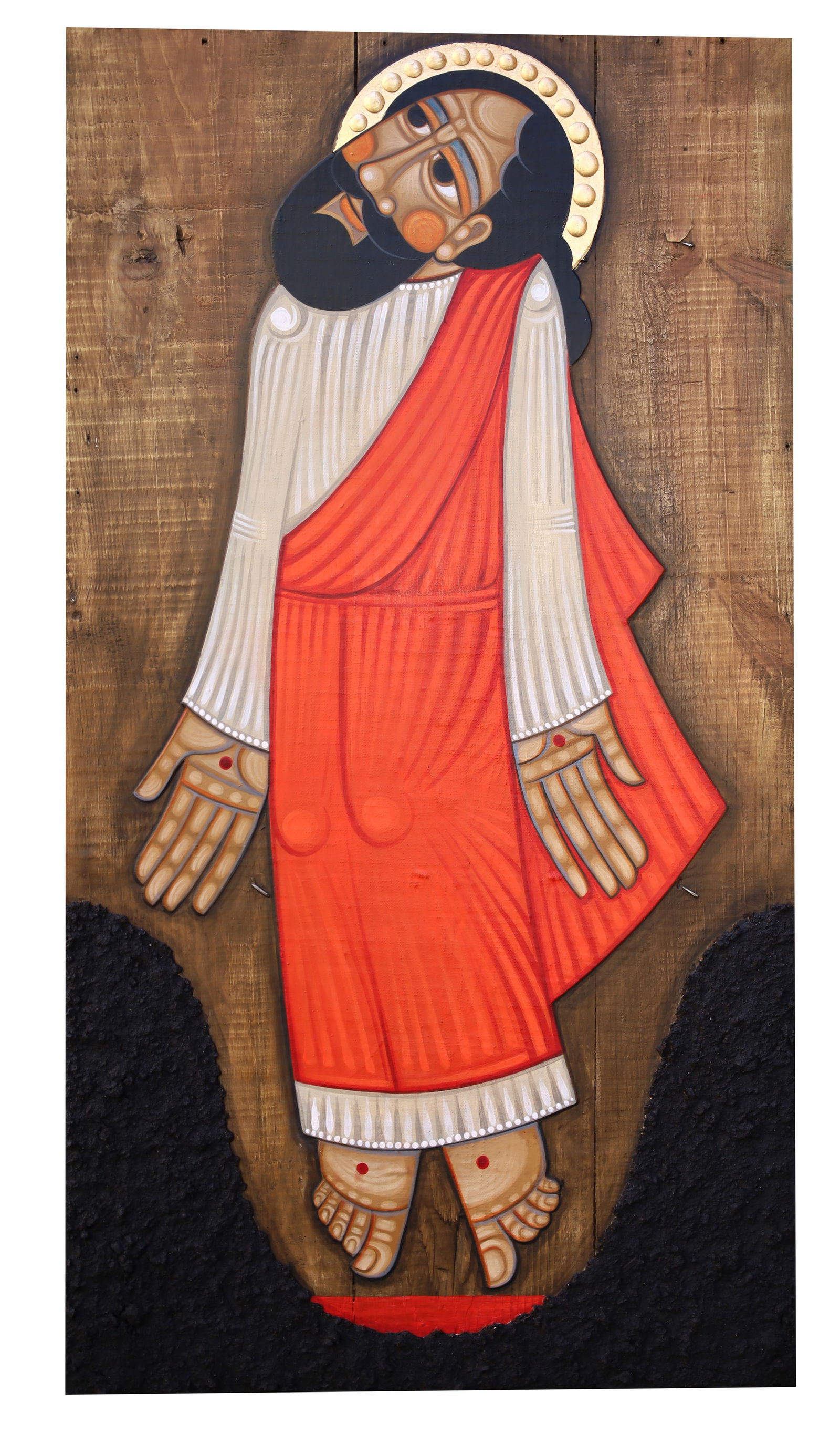 Ressurection of Christ,2023: Roman Zilinko "Ressurection of Christ". Egg tempera, soil, wooden board from ammo box, 82x44 cm. This artwork was created as part of the charitable project "Icons Save Live".By purchasing this masterp