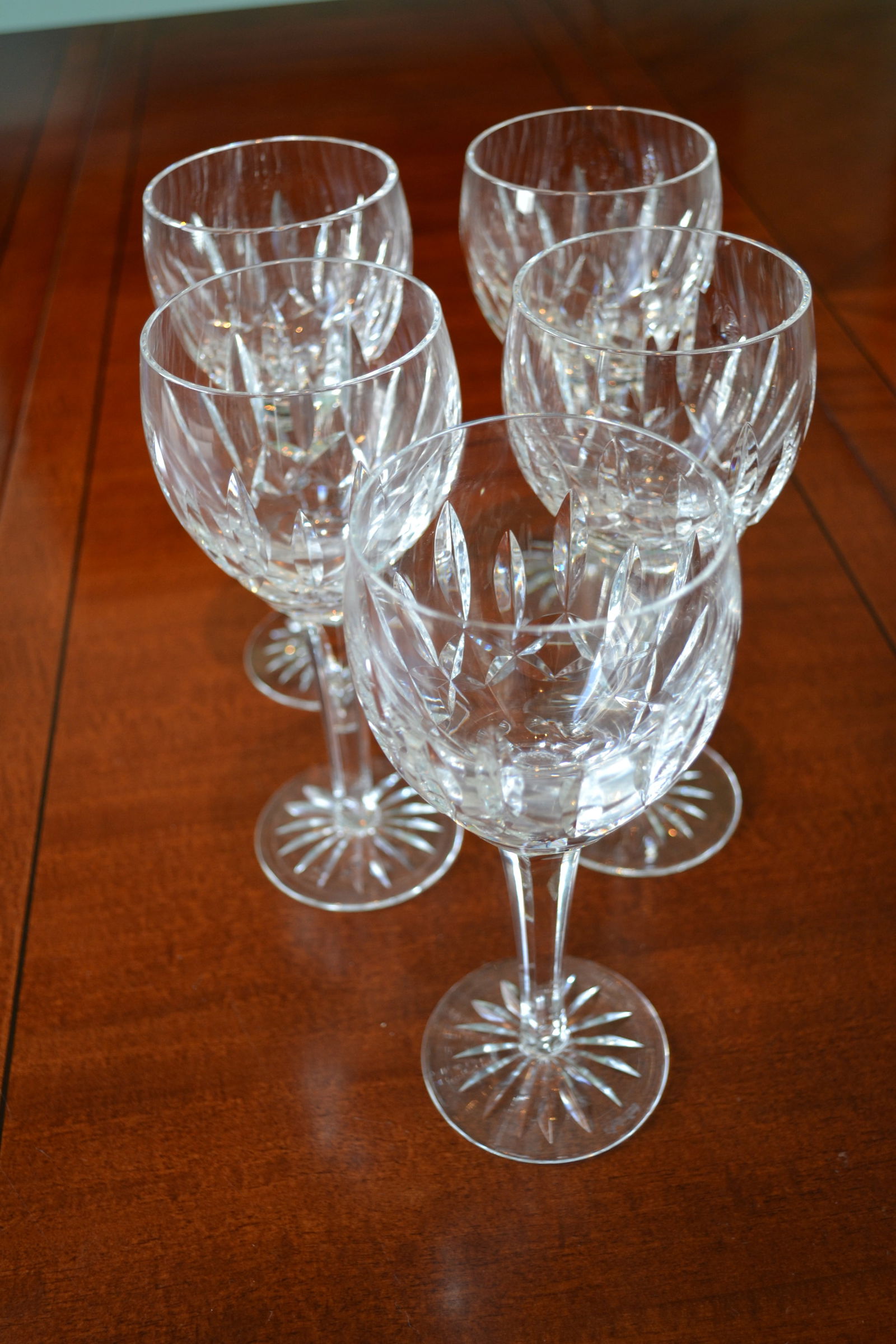 Waterford Kildare Hock Wine Crystal Glasses 7 1/2": Waterford Kildare Hock Wine Crystal Glasses 7 1/2" Stemware Cut Base Set of 5. Circa 1980's Made in Ireland. Waterford etch backstamp Measures 2.865 in width x 7.50in Height Excellent condition No Box