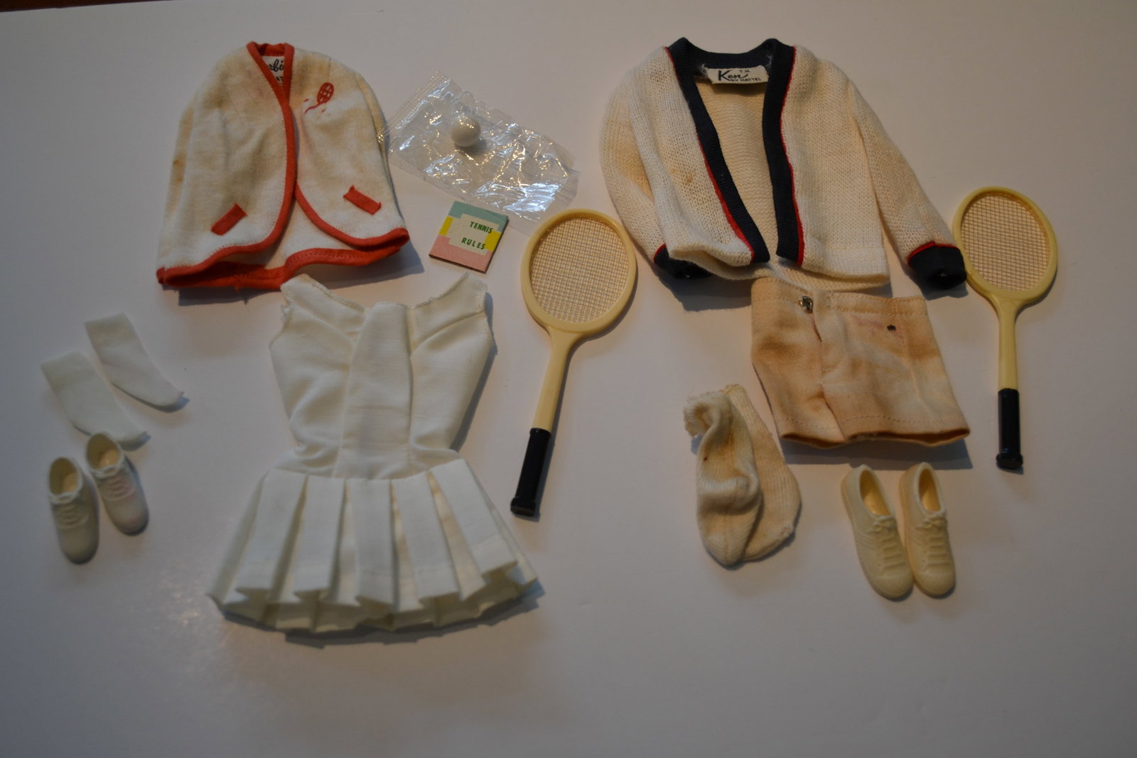 Mattel Ken Time for Tennis 790 Barbie 941 Tennis: Mattel Ken Time for Tennis 790 Ensemble and Barbie 941 Tennis Anyone? Outfit - Ken White tennis cardigan with red and blue trim tops white sport shorts Includes tennis shoes, socks and racquet. Barbie