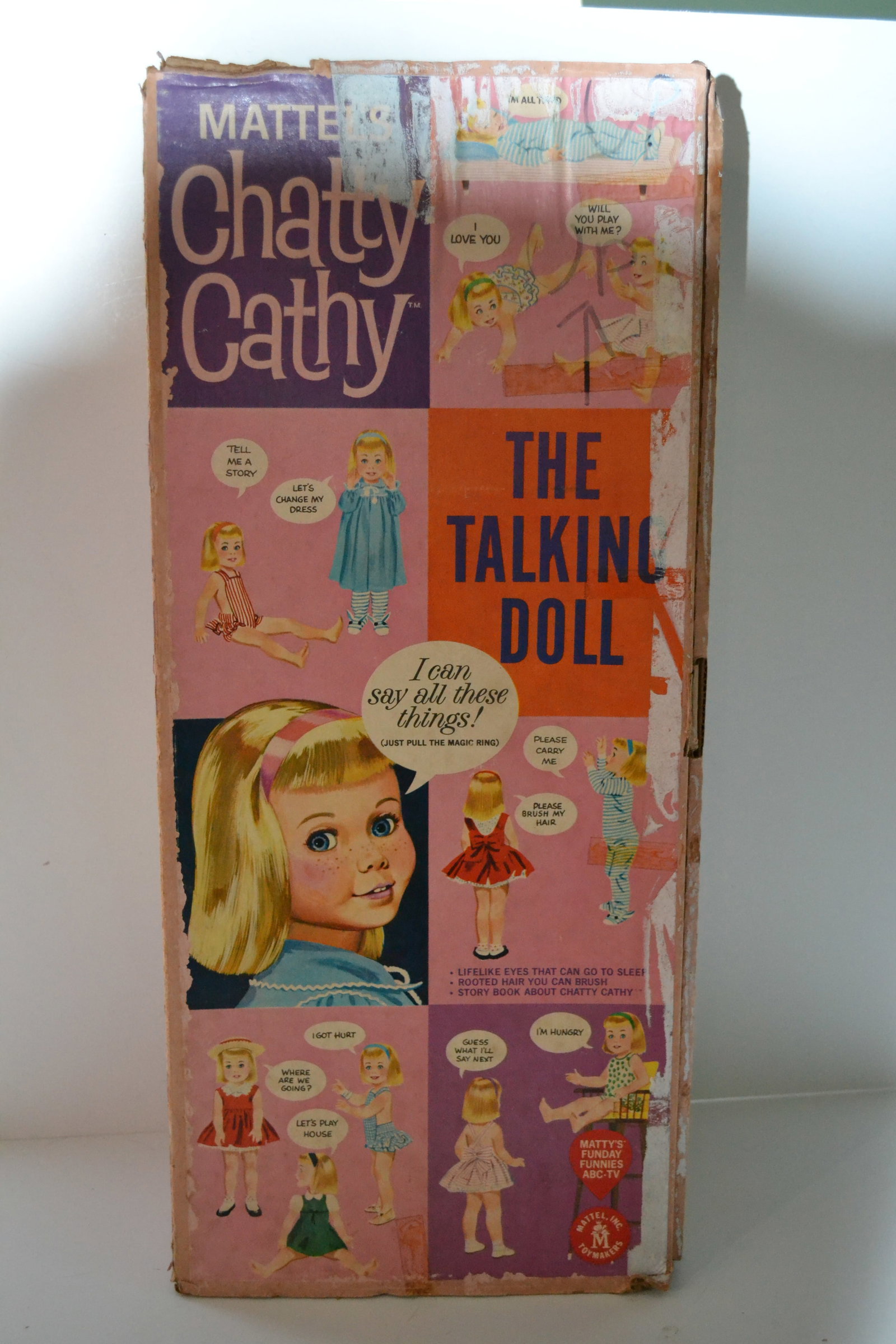 Chatty Cathy Doll 20" Tall in Original Box 1950s: Chatty Cathy Doll 20" Tall in Original Box and clothes 1950s. Also a Chatty Cathy Red Coat with trim. Pulled the cord but it did not play. As Is.