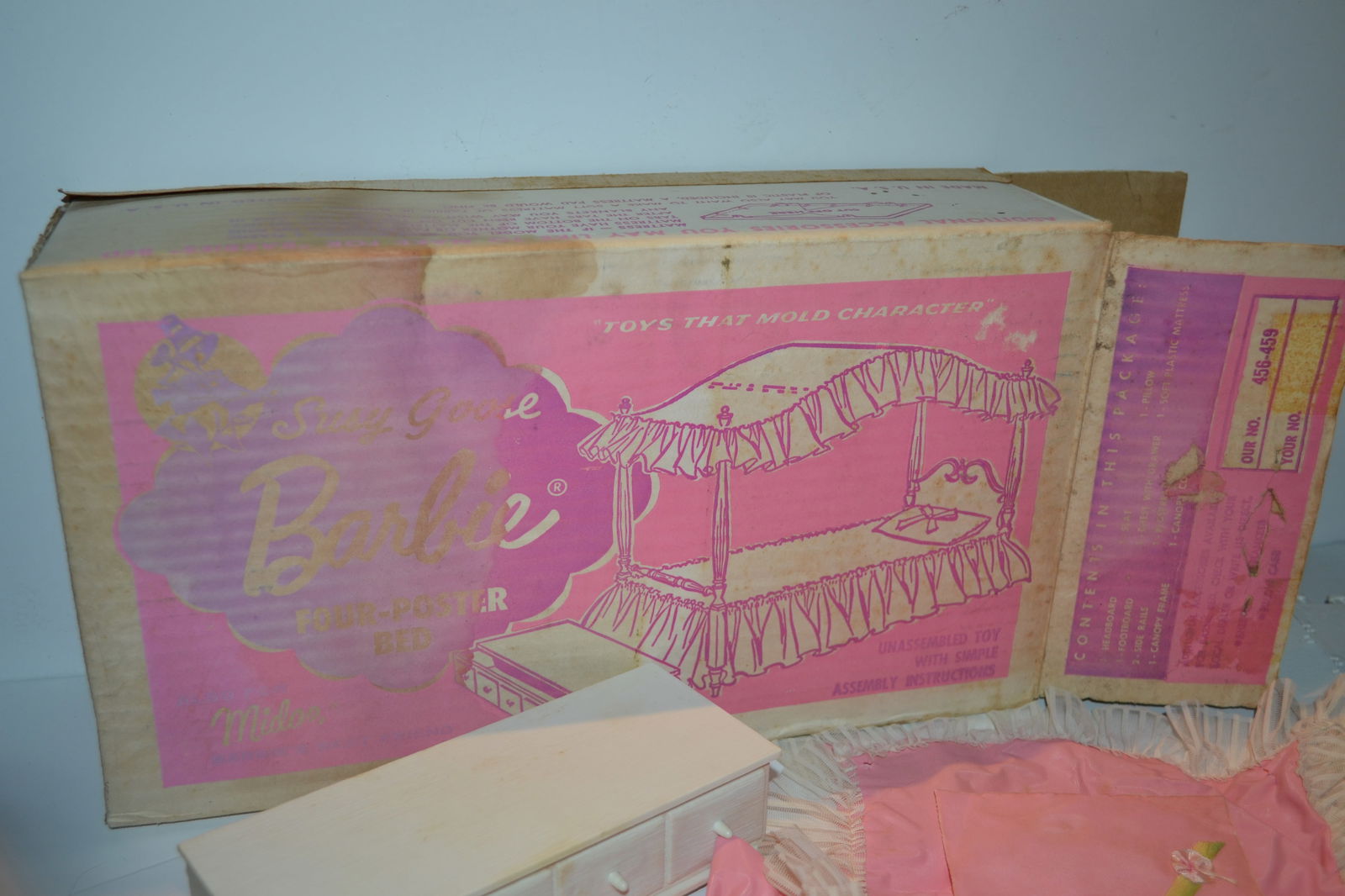 Susy Goose Barbie Four Poster Bed in Box 1960: Susy Goose Barbie Four Poster Bed Midge with all contents in original box #456-459 Contents - Headboard, footboard, 2 side rails, Canopy Frame, Slat, Bedspread, Canopy Cover, Pillow, soft plastic matt