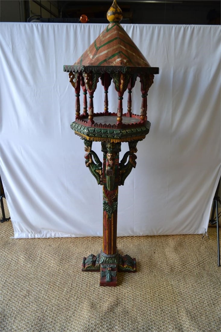 DESIGNER WOODEN CHABUTARO BIRD HOUSE: DESIGNER WOODEN CHABUTARO 2 PCS Hand Painted Carved wood Tower-like structure of figures. Mainly used for nesting sites for birds. Top piece resembles a circus tent hand painted. Dimension top 21" Dia