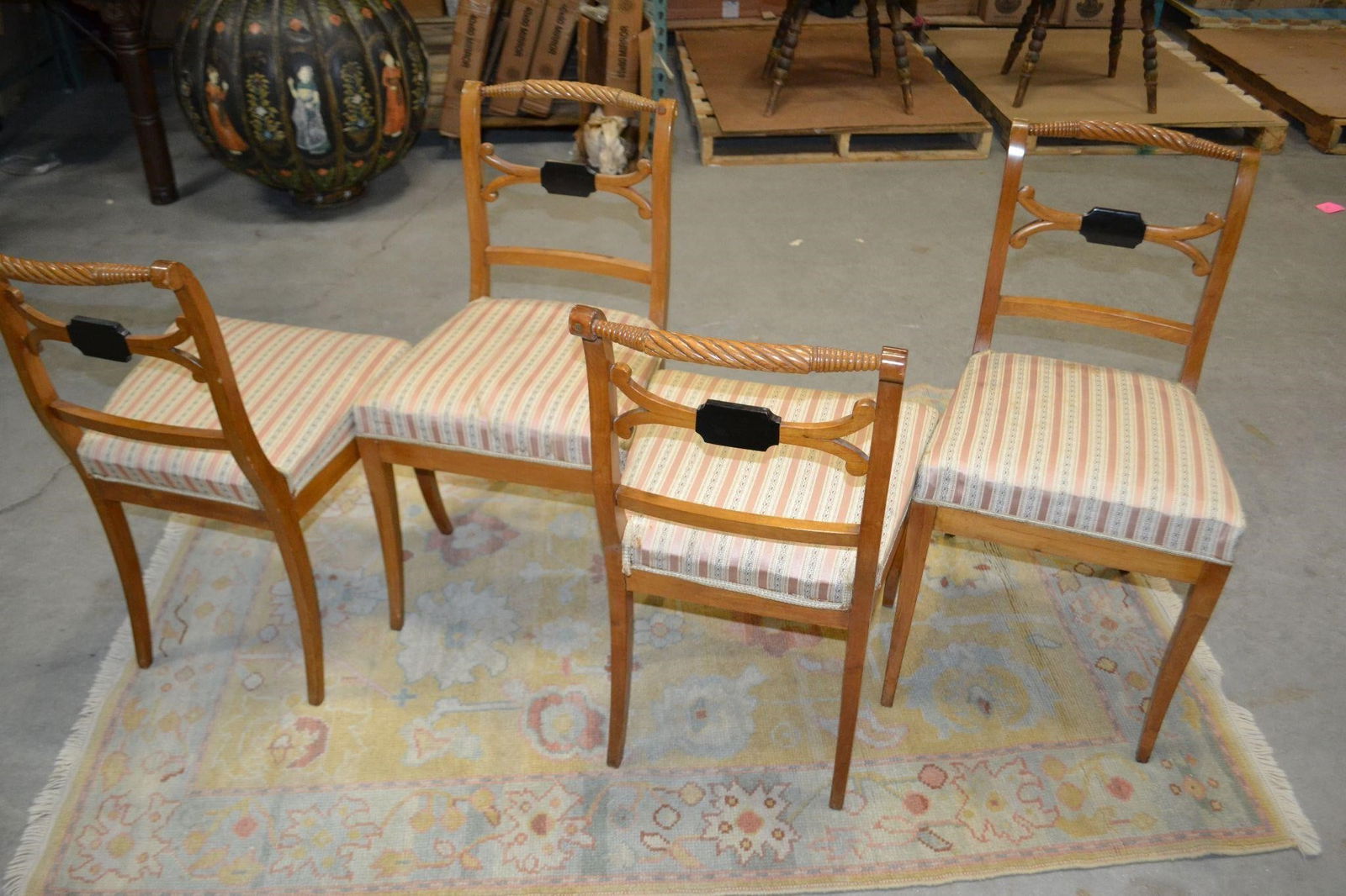 STYLE OF BIEDERMEIER (4) DINING SIDE CHAIRS: STYLE OF BIEDERMEIER OR SWEDISH DESIGNER KARL JOHAN (4) DINING SIDE CHAIRS19th Century Original Fabric with Woven Under seat. Dimensions 18"W x 16"D x 33"H In great condition considering age