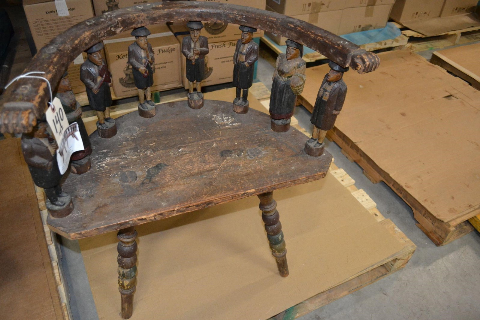 MORAVIAN CARVED & PAINTED WOODEN WEDDING CHAIRS Pr: PAIR OF UNIQUE MORAVIAN CARVED AND PAINTED WOODEN WEDDING CHAIRS Pennsylvania, 19th CenturyGroom's chair with crest rail and arms supported by eight polychrome male and female Moravian figures, severa