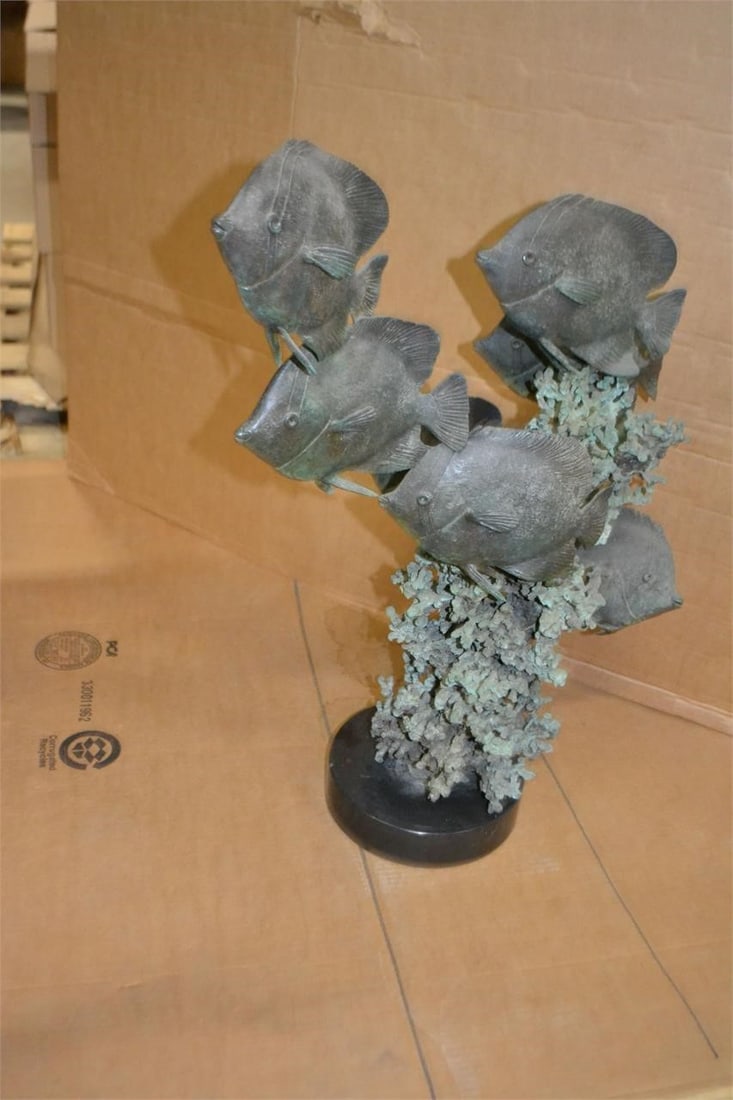 BRONZE ANGEL FISH SCULPTURE SWIMMING AMONG CORAL: BRONZE ANGEL FISH SCULPTURE SWIMMING AMONG CORAL on a Black Marble Base. Base metal plaque identifying Artist is missing. Measures 21" Diameter x 9" Deep x 26.50" H Weight 90-100 lbs.