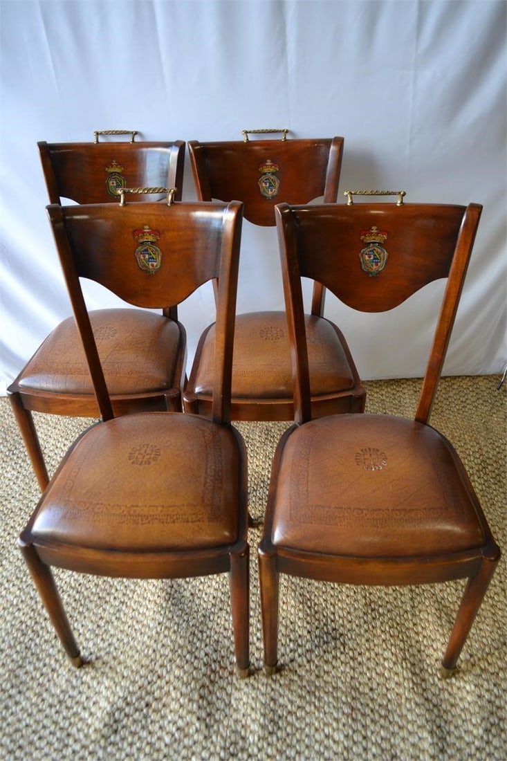 RALPH LAUREN EMBOSSED LEATHER WOOD 4 SIDE CHAIRS: RALPH LAUREN EMBOSSED LEATHER & WOOD SIDE CHAIRS (4) Circa 1990's Measures 17"W x 20"D x 37"H Seat Height 18.5" Excellent condition