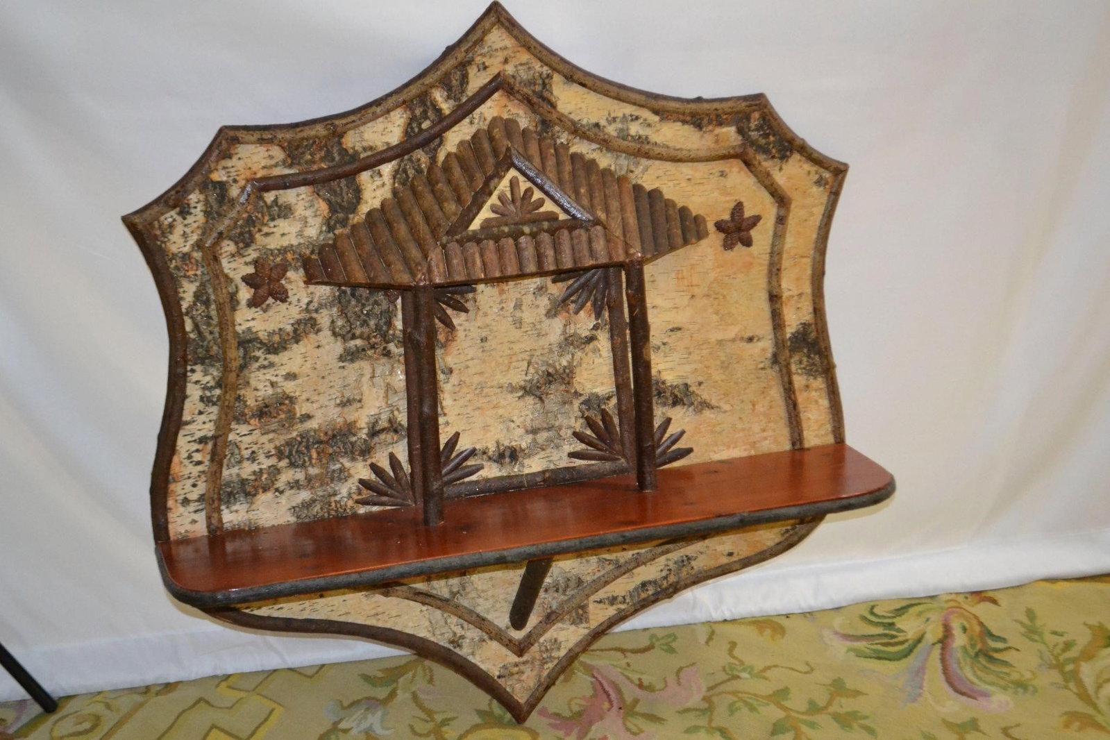 ADIRONDACK BIRCH BARK CUT WALL SHELF: Adirondack Birch Bark Cut Twig Wall Shelf Art Lodge Decor Gorgeous one of a kind Adirondack wall shelf decorated with Birch Bark and twig. Measures a whopping 36" tall, 35" wide and has an 8" deep she