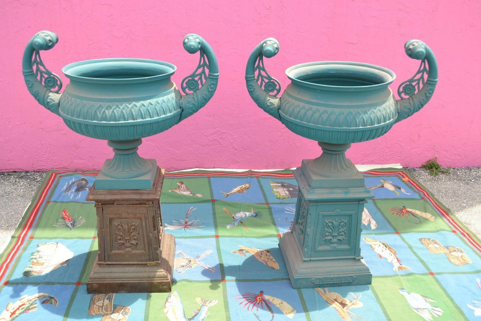 PAIR DOUBLE HANDLED URN GARDEN PLANTERS & PEDESTAL: PAIR DOUBLE HANDLED URN GARDEN PLANTERS WITH PEDESTAL BASE (2PC)These Extra Large pieces were made by Wm. Adams Foundry Co. 960 N. 9th St. Philadelphia, PA. Known for their Cast iron Victorian garden 