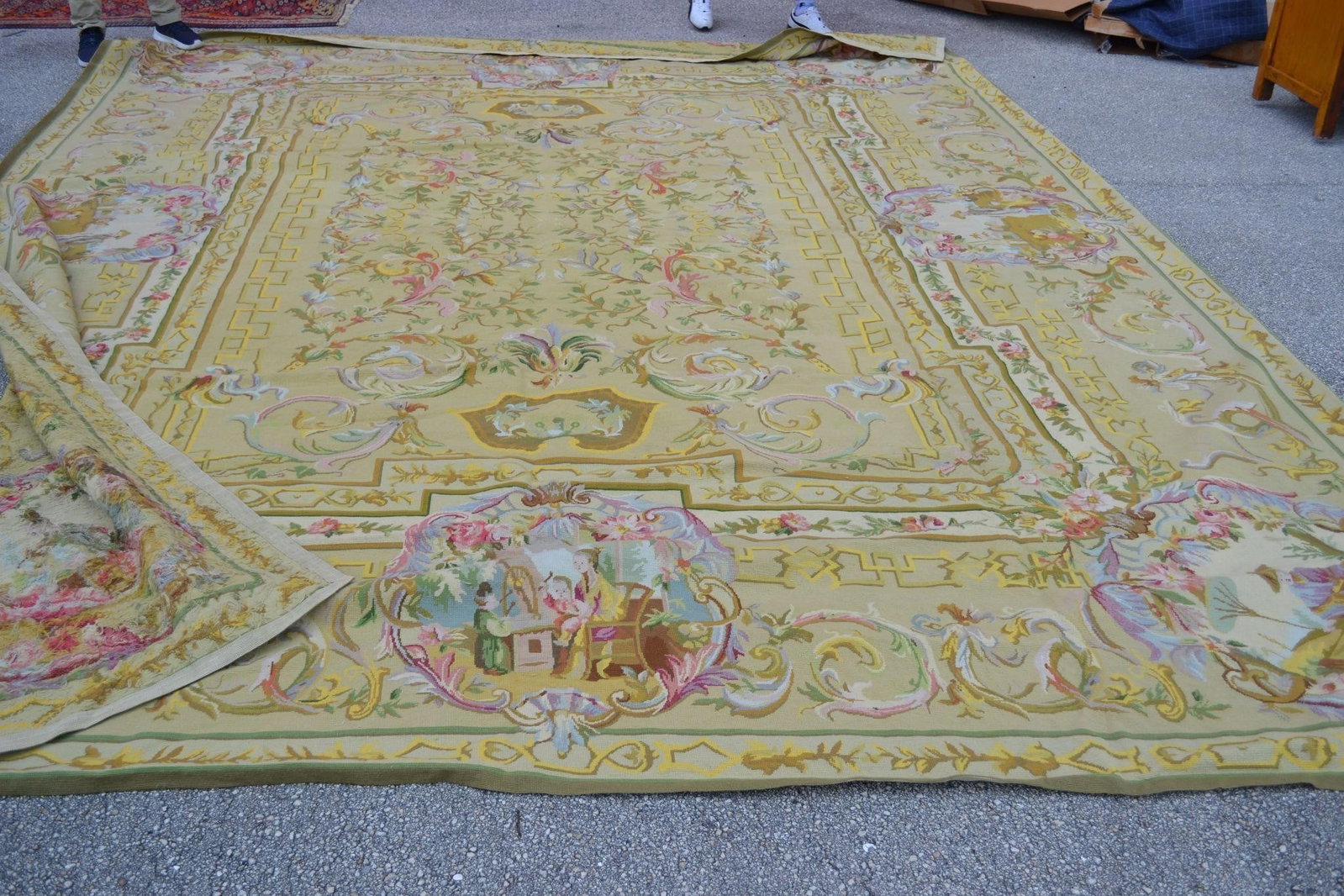 CHINESE AUBUSSON STYLE NEEDLEPOINT TAPESTRY RUG: ELEGANT CHINESE AUBUSSON STYLE NEEDLEPOINT TAPESTRY AREA RUG Medallions depicting Chinese family with Roses & Scroll Border Framing Medallions. The Oval & Rectangular Vignettes are Enclosed by a Runni