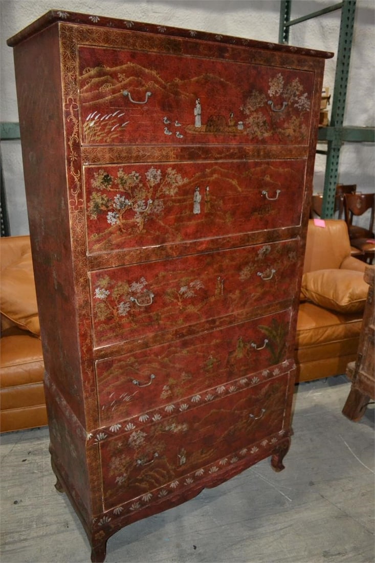CHINOISERIE RED TALL CHEST FIVE DRAWER: CHINOISERIE RED TALL CHEST FIVE DRAWER Measures 36"-38" W x 18.25"D x 70"H (Top 18.75"D)