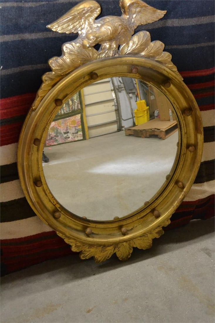 1970's ROUND GOLD EAGLE FRAMED CONVEX MIRROR: 1970's ROUND GOLD EAGLE FRAMED CONVEX MIRROR Federal Style Centennial Period Eagle Mounted Gold Gilt Bulls Eye Mirror Resilver in 1988 Measures: 22" x 30"H