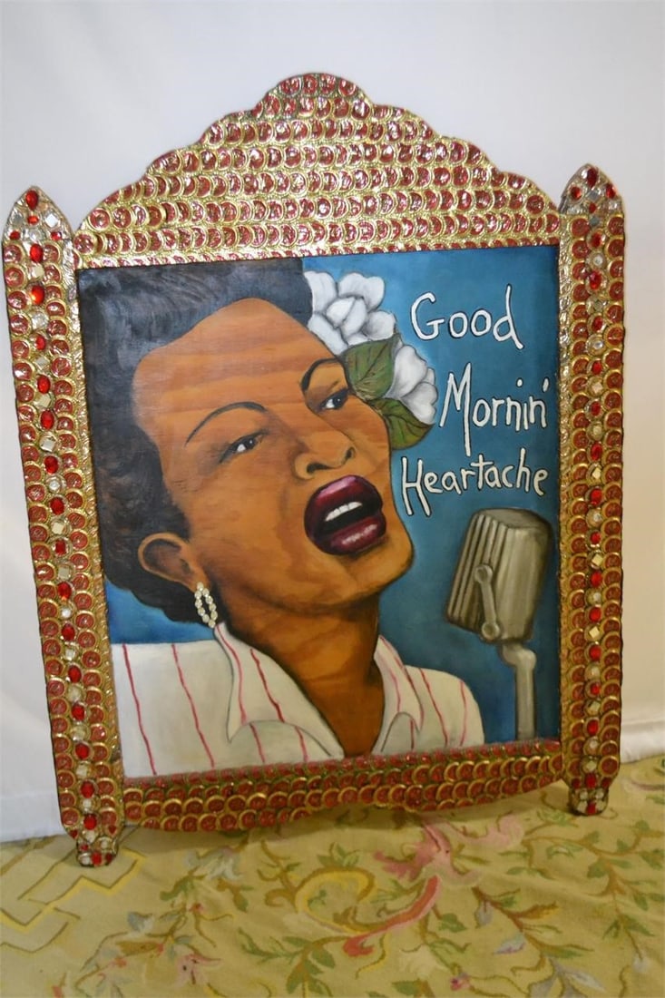 PAINTING FRAMED WITH MOSAIC GLASS AND BOTTLECAPS: ARTWORK PAINTING ON WOOD FRAMED WITH MOSAIC GLASS AND BOTTLECAPS Believed to be Billie Holiday.Measures 32.5"W x 42"H x 1.5"D