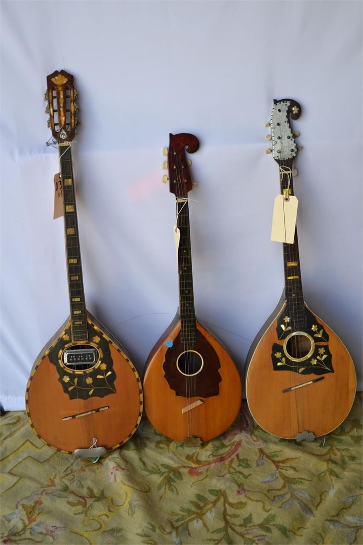 MUSICAL STRINGED MANDOLIN SET OF 3: MUSICAL STRINGED MANDOLIN SET OF 3 created from carved wood and decorative inlay. Iconic neck and body styles. Great Condition. Unknown Maker Provenance Slotin Folk Art Gallery Georgia