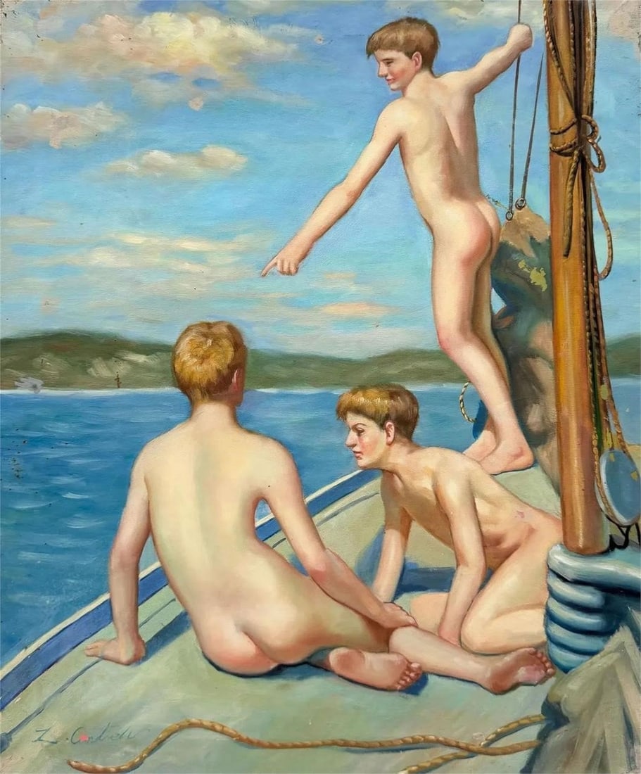 American School Painting Of Boys On A Boat: American School Painting Of Boys On A BoatOil on canvas 24 x 20 in StretchedCondition Good Bid2Win Auction strongly encourages in-person inspection of items by the bidder. Statements by Bid2Win regard