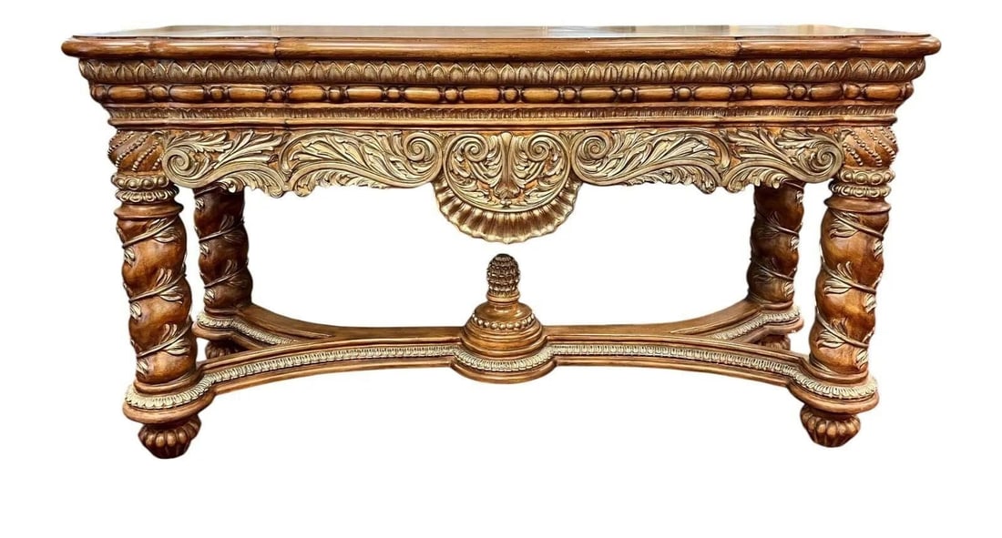 French Regency Style Solid Wood Console Table: French Regency Style Solid Wood Console Table This large scale French Regency Country Style console table is constructed form solid wood.Measures 72" Length x 26" Depth x 38" HeightCondition is Good V