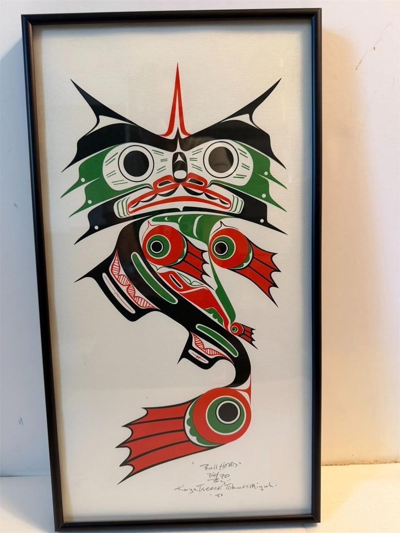 Bull Head Indigenous Artist Kwyatseeck T Miyah: Titled "Bull Head" Indigenous Artist Kwyatseeck Tchuss Miyah Canadian Native American Lithograph signed, dated and numbered 36/70 believed to be depicting a Catfish in traditional Red, Black and Teal 