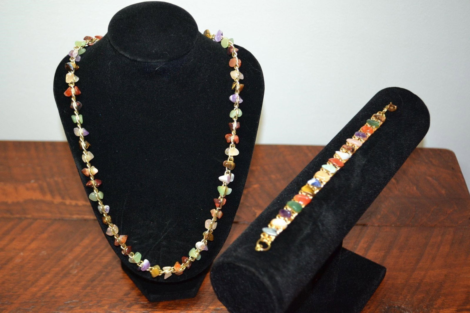 Natural Stone Multi Color Necklace & Bracelet: Natural Multi Color Stone Necklace & Bracelet (W. Germany) Never WornNECKLACE 20" BRACELET 7"L x 1/2" WIDEIn Very Good Condition"Offered for the first time from our mother's estate. Originally purchas