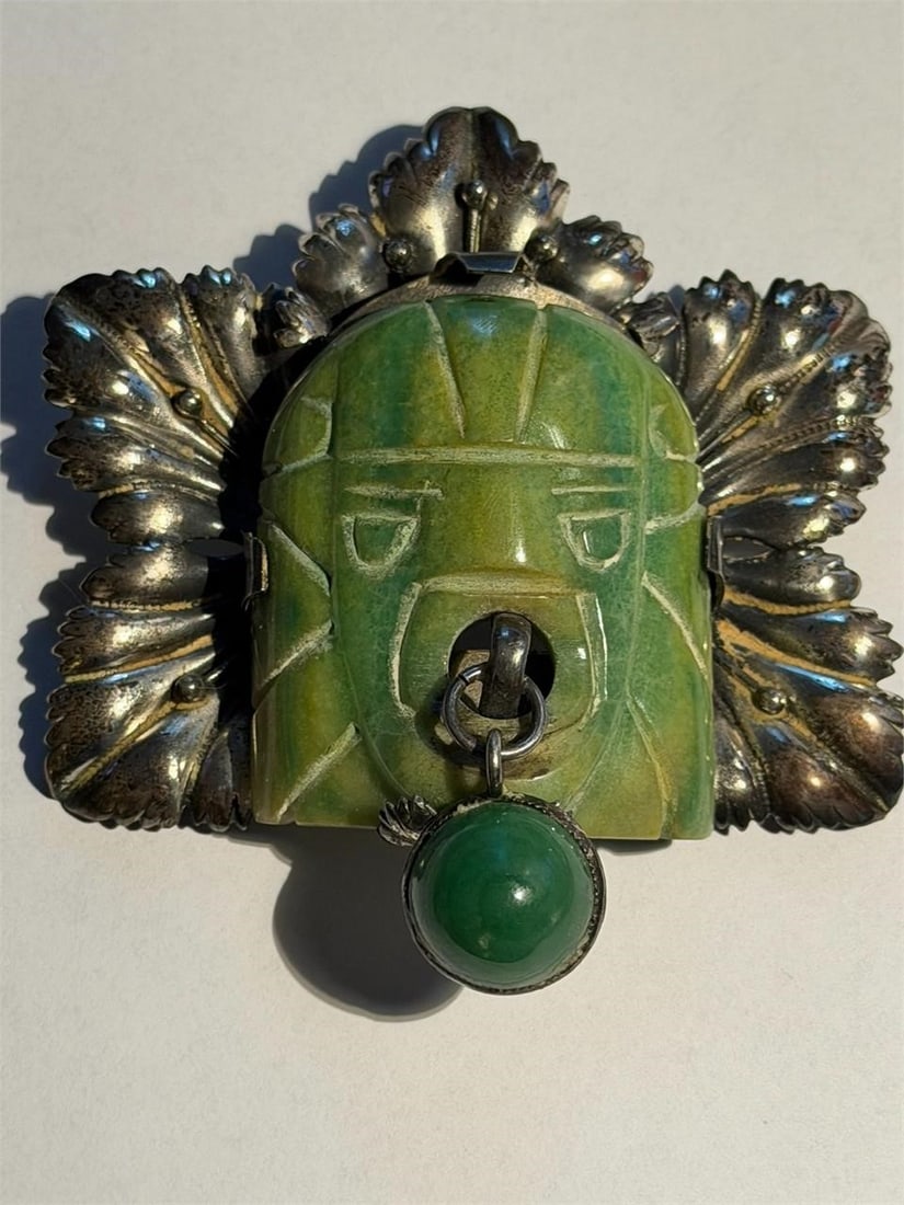 Mexican Sterling & Jade Carved Aztec Brooch (1 of 3)