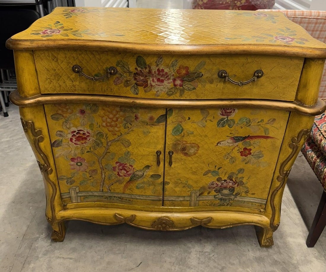 Vintage Venetian Rococo style hand-painted Cabinet: Vintage Venetian Rococo style hand-painted Cabinet with single drawer Features serpentine front, and cabriole legs. Finish: Lavishly decorated with hand-painted floral motifs and birds on a vibrant
