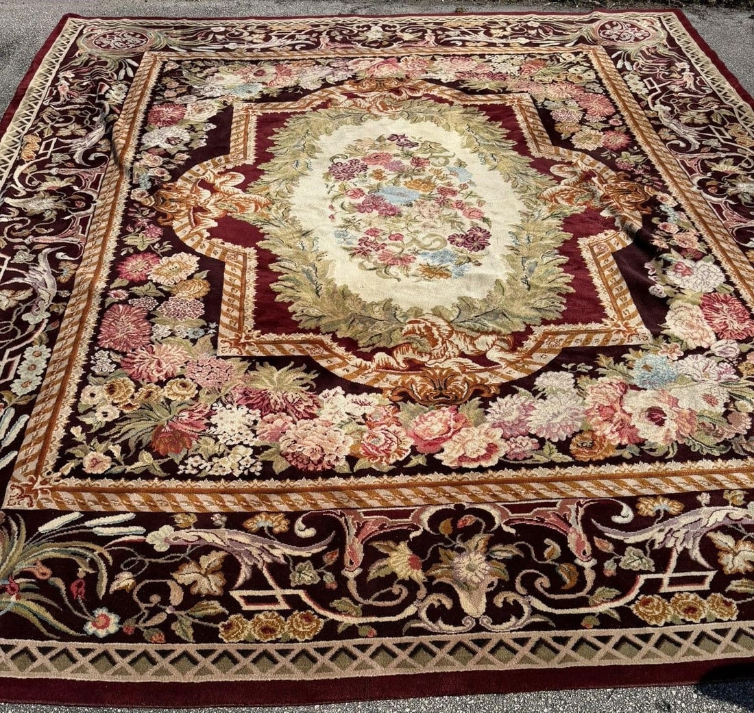 Aubusson-style Rug Thick Wool pile13'8" x 15'7": Aubusson-style rug with a thick wool pile13'8" x 15'7" French European Design, Vintage Area Rug, MaroonMeasurements 13'8" x 15'7"