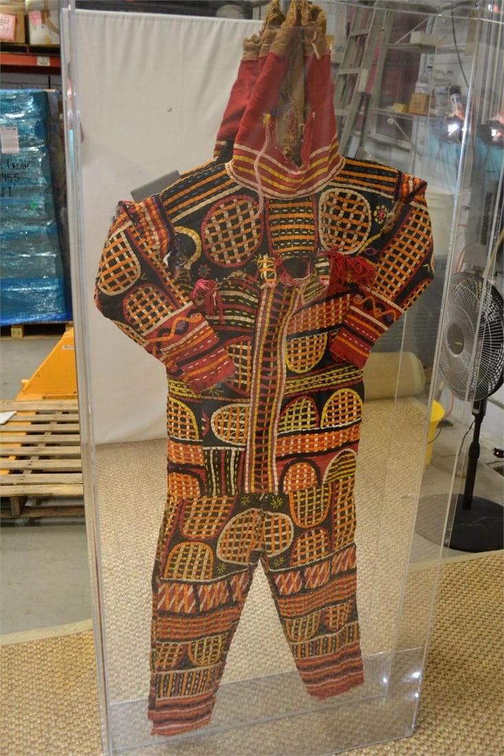 AFRICAN, NIGERIAN MASQUERADE COSTUME IN LUCITE: AFRICAN, NIGERIAN MASQUERADE COSTUME (UDE AGBOGHO), IN LUCITE (3 SIDED) MIRROR BACK SHADOW BOX 20th Century Ude Agbogho, or Maiden Spirit, masquerades are performed annually during the dry season in t