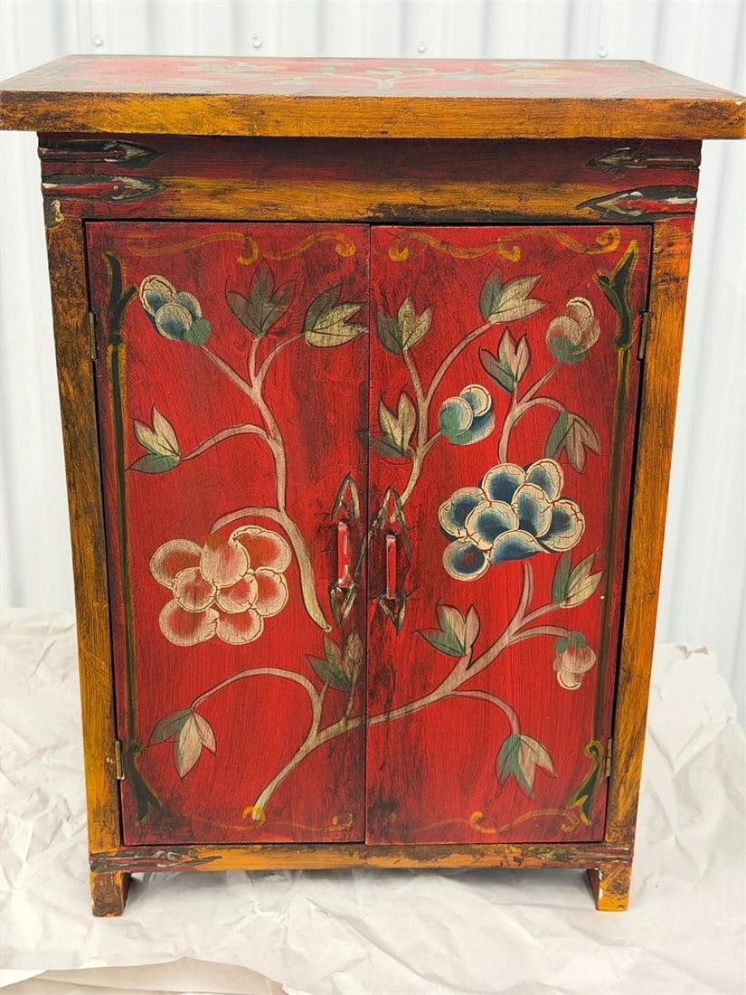 Vtg. Painted Red Peony motif Tibetan Chest Cabinet: Vintage hand-painted red peony motif Tibetan chest Cabinet, often crafted from solid elmwood using traditional Chinese joinery techniques. Features floral paintings, specifically peony motifs, on the 