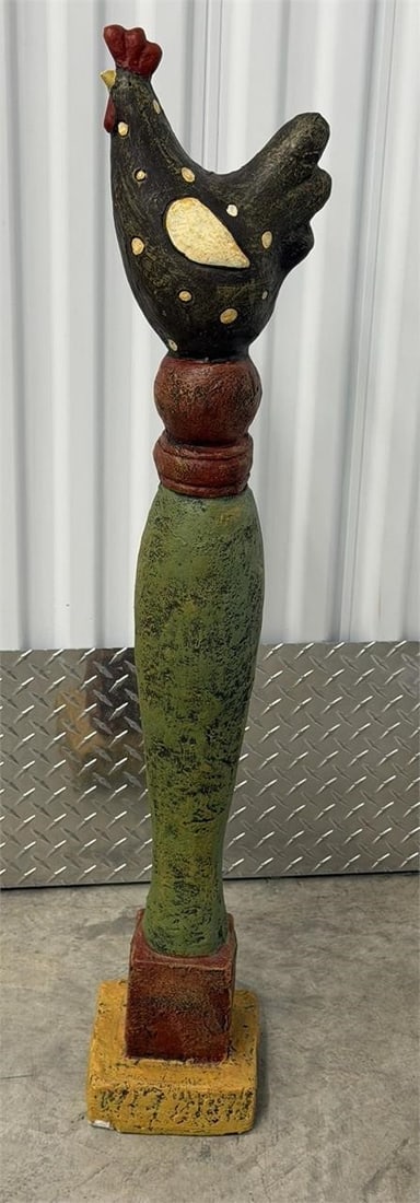 Hand-painted Plaster Tall Rooster figurine: Whimsical, hand-painted plaster rooster figurine or sculpture, often categorized under folk art or farmhouse decor. Measurements 6.5"W x 39"HNote Beak and base chipped