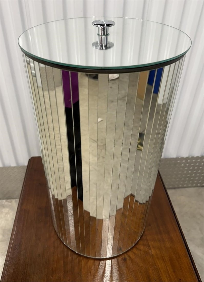 Hollywood Regency Style Cylindrical Mirror Basket: Hollywood Regency Style Cylindrical Beveled Mirror Glamorous Wastebasket or Storage Container with Lid Measurements 11" Round x 19.5"H