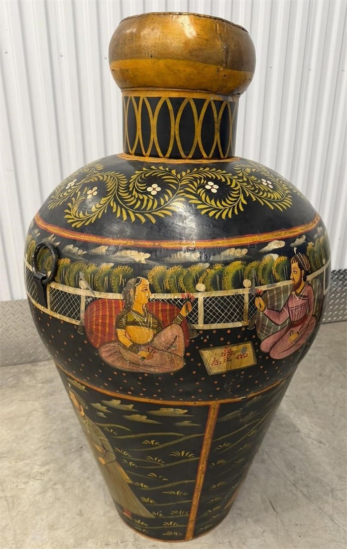 Water Vessel or Tole Rice Barrel Urn Painted Metal: Antique Anglo-Indian water vessel or tole rice barrel from the early to mid-20th century. It is a large, hand-hammered metal vessel, often referred to as a jug or vase, featuring a black background pa