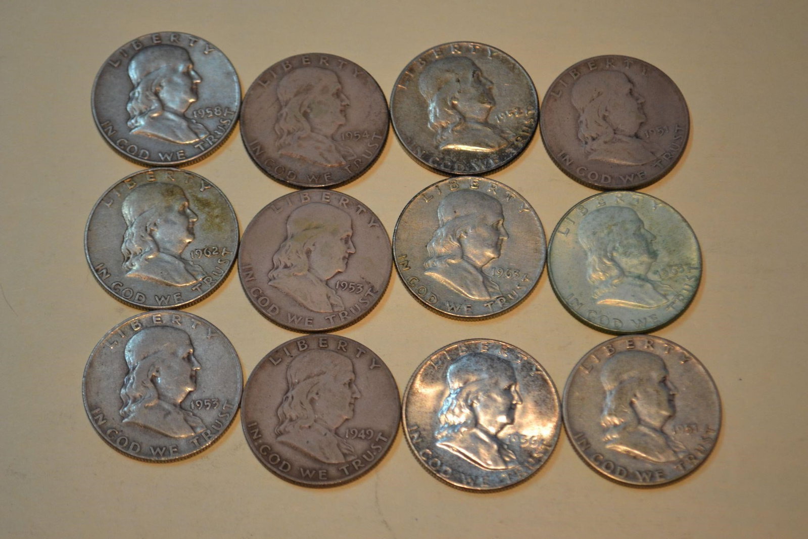SILVER FRANKLIN HALF DOLLARS LOT OF 12 US COINS: SILVER FRANKLIN HALF DOLLARS LOT OF 12 US COINS Dates 1949-1963