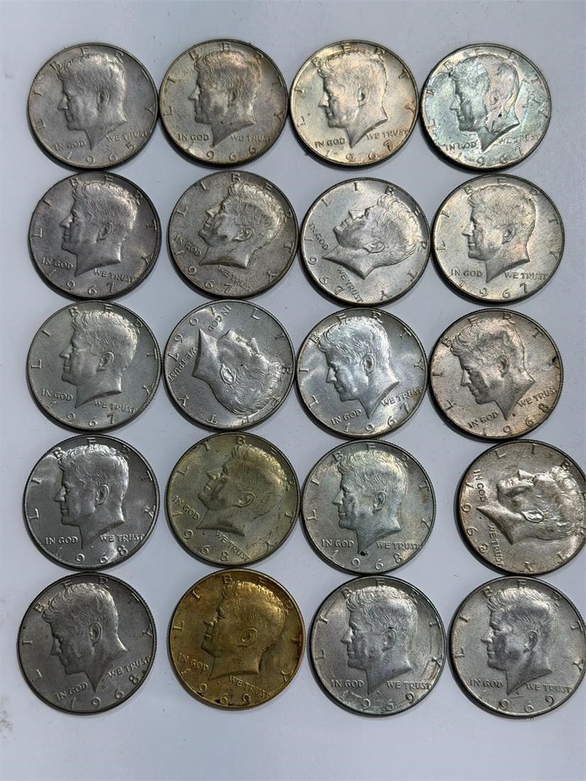 KENNEDY SILVER HALF DOLLARS 1965-1969 Lot of 20: KENNEDY SILVER HALF DOLLARS 1966-1969 LOT OR 20 US COINS(1) 1965(1) 1966(9) 1967(6) 1968(3) 1969