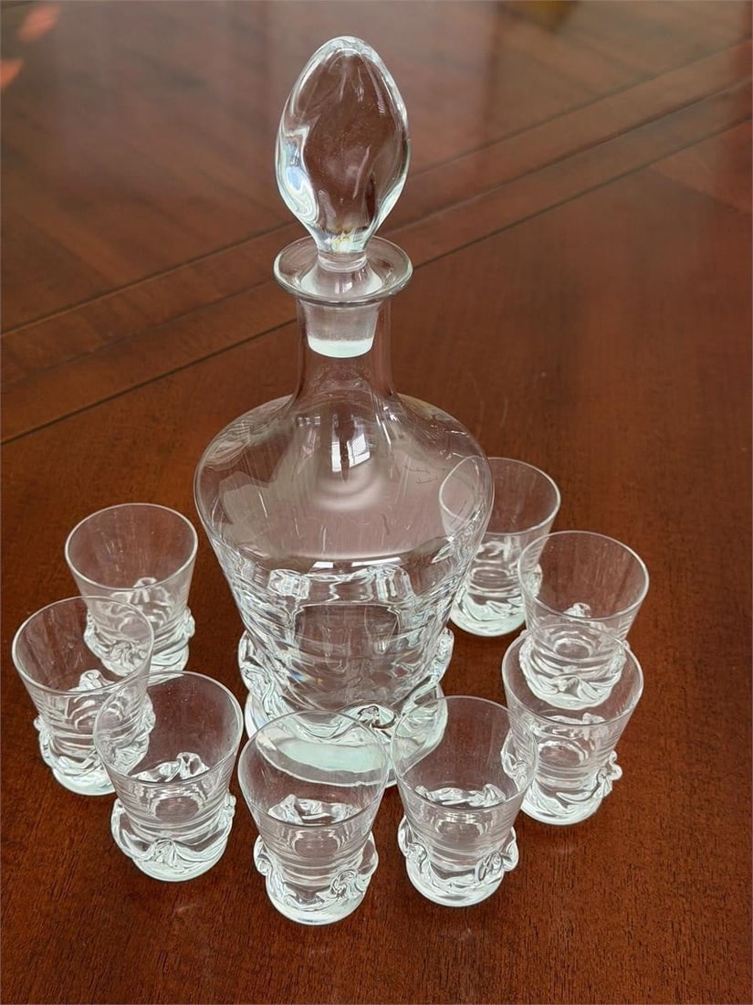 Daum France Crystal Decanter & 8 Cordial Glass Set: Daum, France, crystal liqueur set, consisting of a carafe and eight liqueur glasses renowned French art glass manufacturer Daum In original Box Crated 1952 Discontinued 1993Excellent conditionCarafe: 