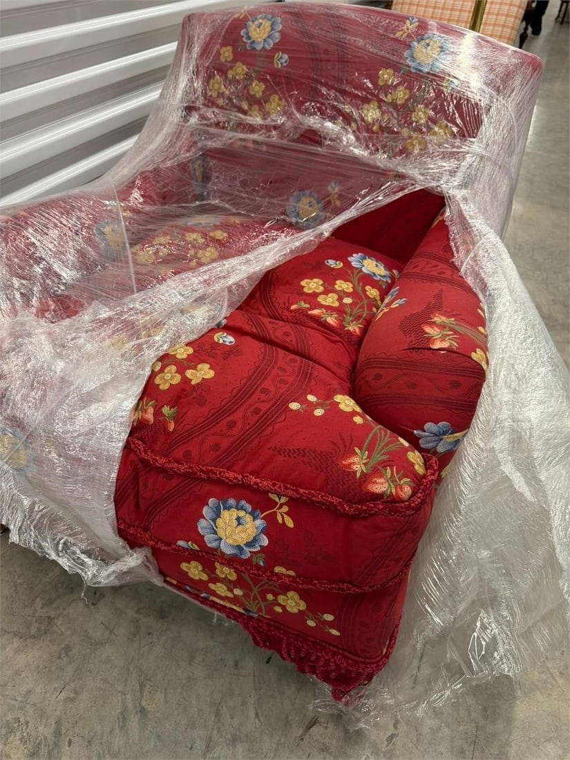 Pair Red Lounge Armchairs Floral & Fringe: Pair Red Lounge Chairs Floral & Fringe traditional style upholstered armchair featuring a vibrant red fabric with a colorful floral and foliage pattern, finished with decorative fringe along the botto
