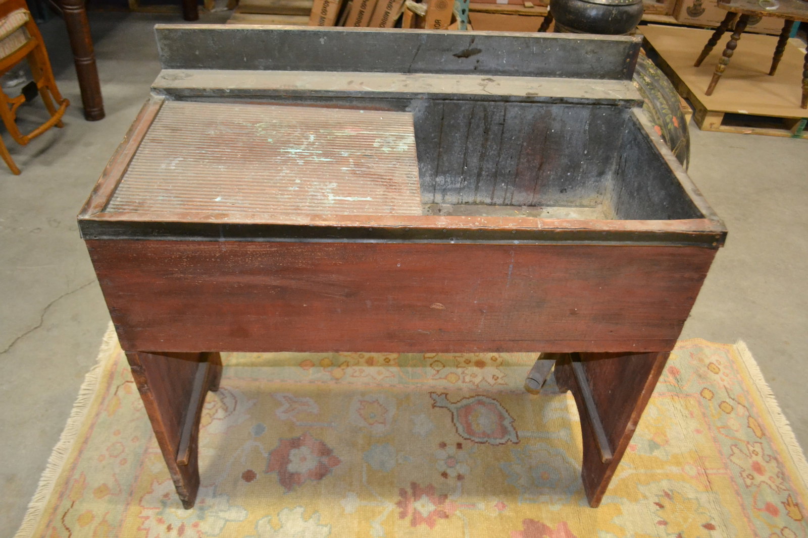 COPPER FREE STANDING DRY SINK WITH BACKSPLASH: COPPER FREE STANDING DRY SINK WITH BACKSPLASH This vintage dry sink has a large drying area. The Sink Dimension: 18" x 15.5" x 10.5"Deep. The overall dimension: 39.5"W x 21.5"D x 32.5"H with additiona