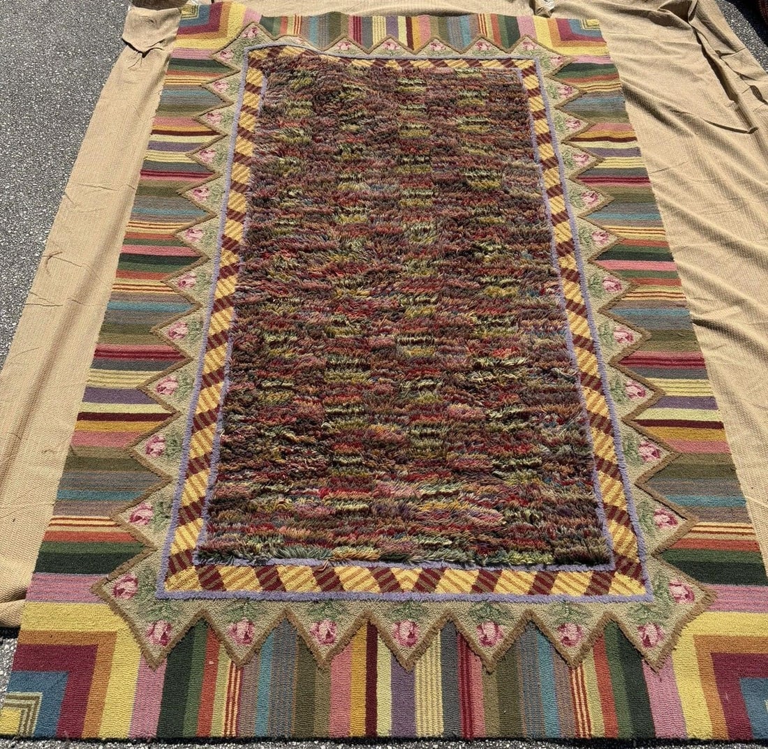 VINTAGE MULTI COLOR GEOMETRICAL TEXTURAL RUG: VINTAGE MULTI COLOR GEOMETRICAL TEXTURAL RUG featuring geometric patterns and a central textured area with a canvas backing Southwestern or Turkish geometric pattern.Measurements 5' x 8'