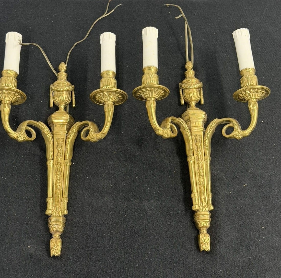 Pair Brass Neoclassical Double Sconces (1 of 4)