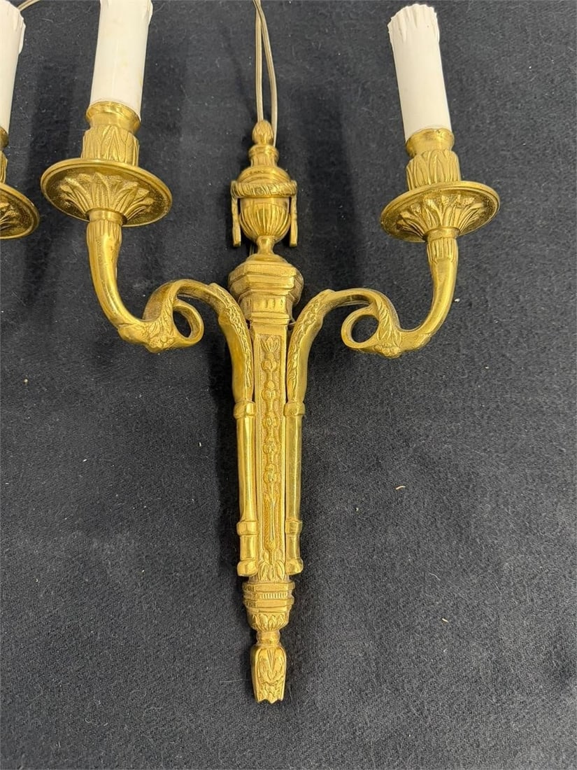 Pair Brass Neoclassical Double Sconces - 3