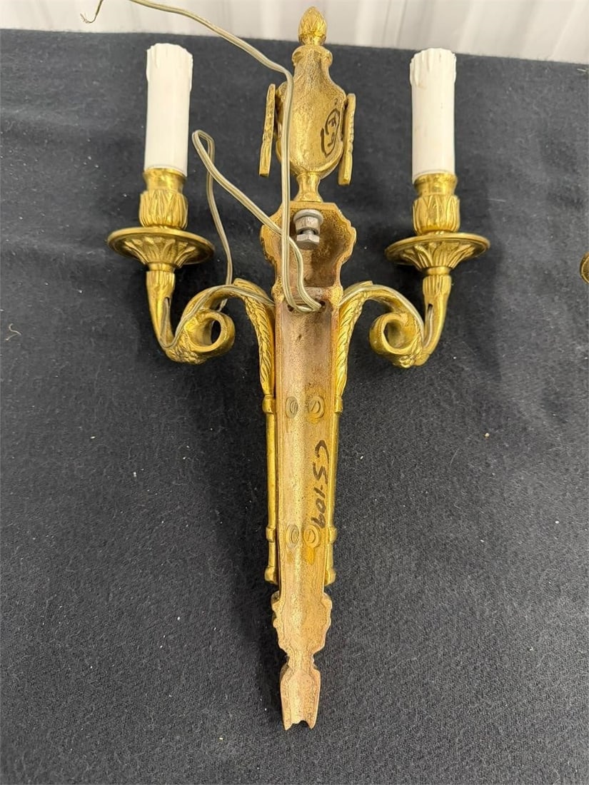 Pair Brass Neoclassical Double Sconces - 4