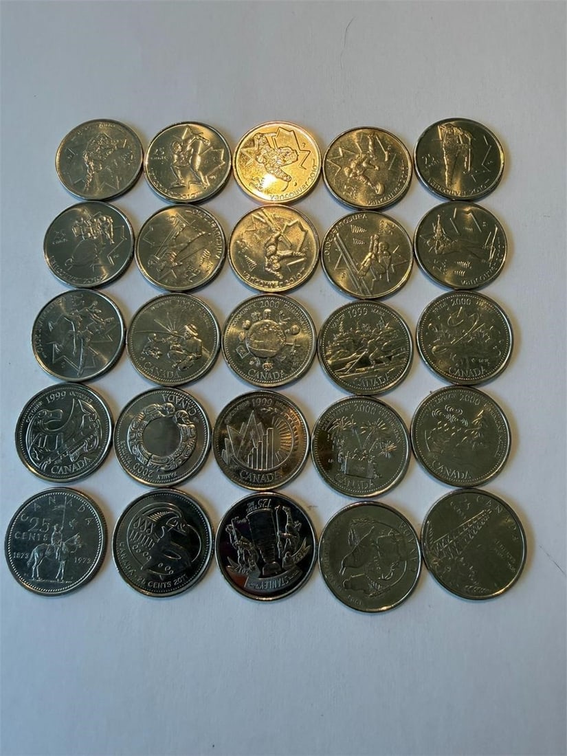 Commemorative Canadian Quarters Bulk Lot of 25: Commemorative Canadian Quarters Bulk Lot of 25(11) Vancouver Olympics (9) Millennium Quarter(2) 2005: Alberta and Saskatchewan (1) 2011: Legendary Nature(1) Single Commemorative Design(1) 125th Annive