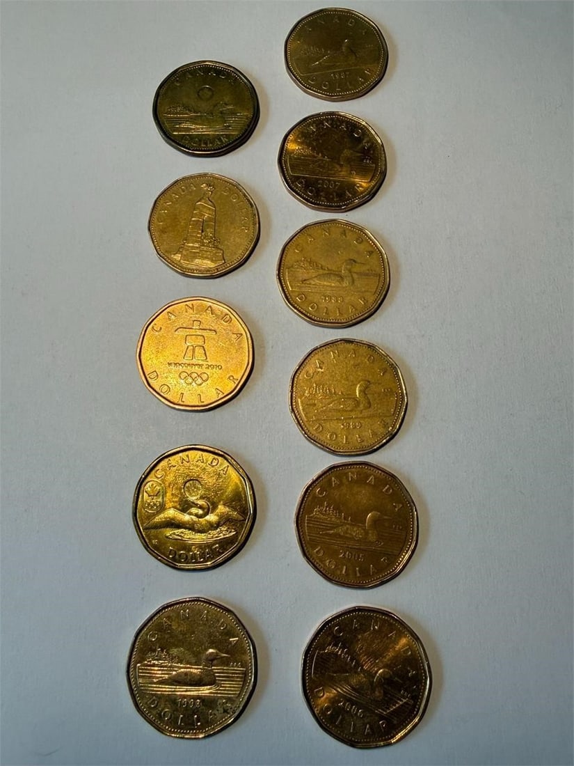 Canada Loonie $1 One Dollar Coins Lot of 11: Canada Loonie $1 One Dollar Coins Lot of 11Commemorative Coins:1994 Remembrance Design Canadian National War Memorial2010 Olympic Lucky Loonie-VancouverClassic Dates:1987, 1988, 1993, 1999, 2005, 2006