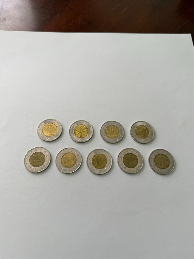 Canada Toonie $2 Two Dollar Coins Lot of 9: Canada Toonie $2 Two Dollars Coin Bi-Metallic Lot of 9Commemorative Coins:2014 Wait For Me Daddy2016 Battle of the Atlantic2017 Dance of the Spirits2017 Battle of Vimy RidgeClassic:1996 Polar Bear (3)