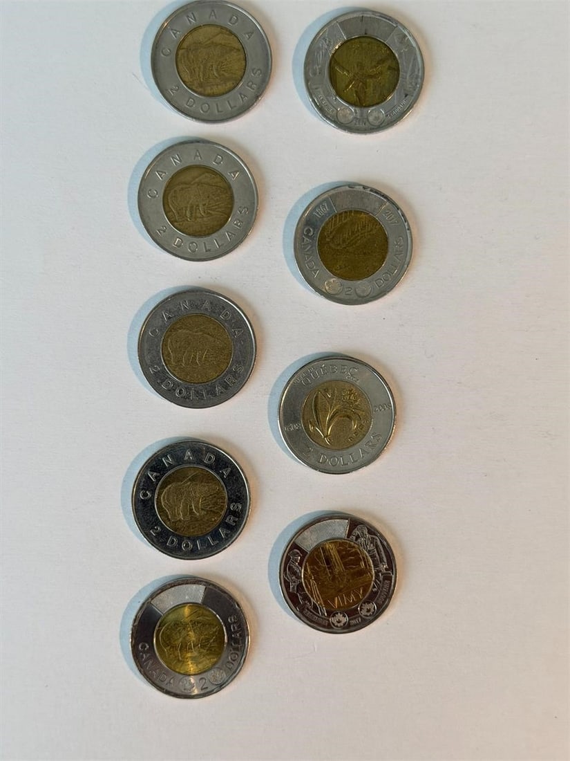 Canada Toonie $2 Two Dollar Coins Lot of 9: Canada Toonie $2 Two Dollars Coin Bi-Metallic Lot of 9Commemorative Coins:2008 Quebec City2014 Wait For Me Daddy2017 Dance of the Spirits2017 Battle of Vimy RidgeClassic:1996 Polar Bear (4)2022 Polar 