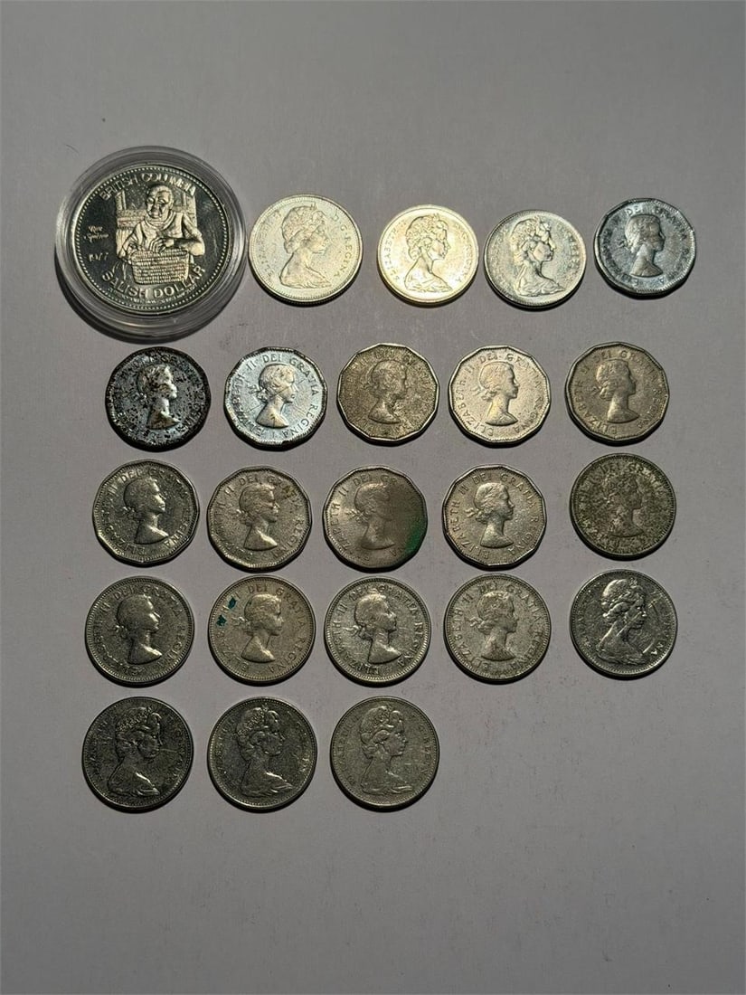 Canada Nickels, Quarter, Dollar Lot of 23 Coins: Canada Nickels, Quarter, Dollar Lot of 23 CoinsNickels:(3) 1953(1) each dates: 1956, 1957, 1958, 1959, 1960, 1961, 1962 and 1963(4) 1964(4) 1965(2) 1967 (Rabbit)(1) 1967 Bobcat Quarter(1) 1977 Salish 